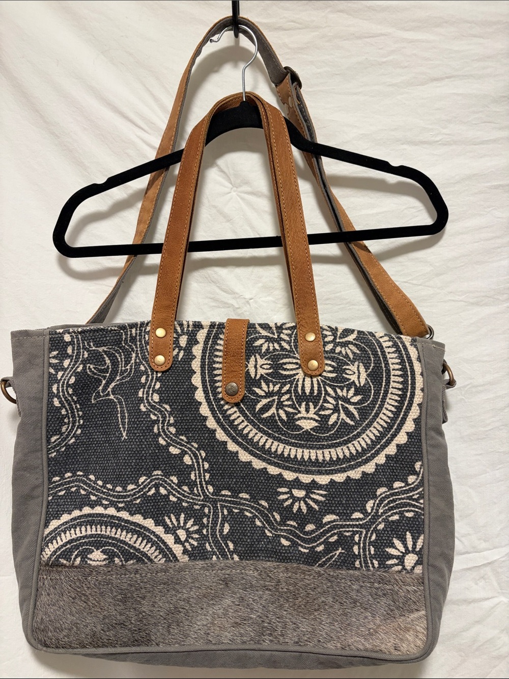 Like New - Myra Bag - Gray Patterned Canvas & Hide Tote with Tan Leather Handles